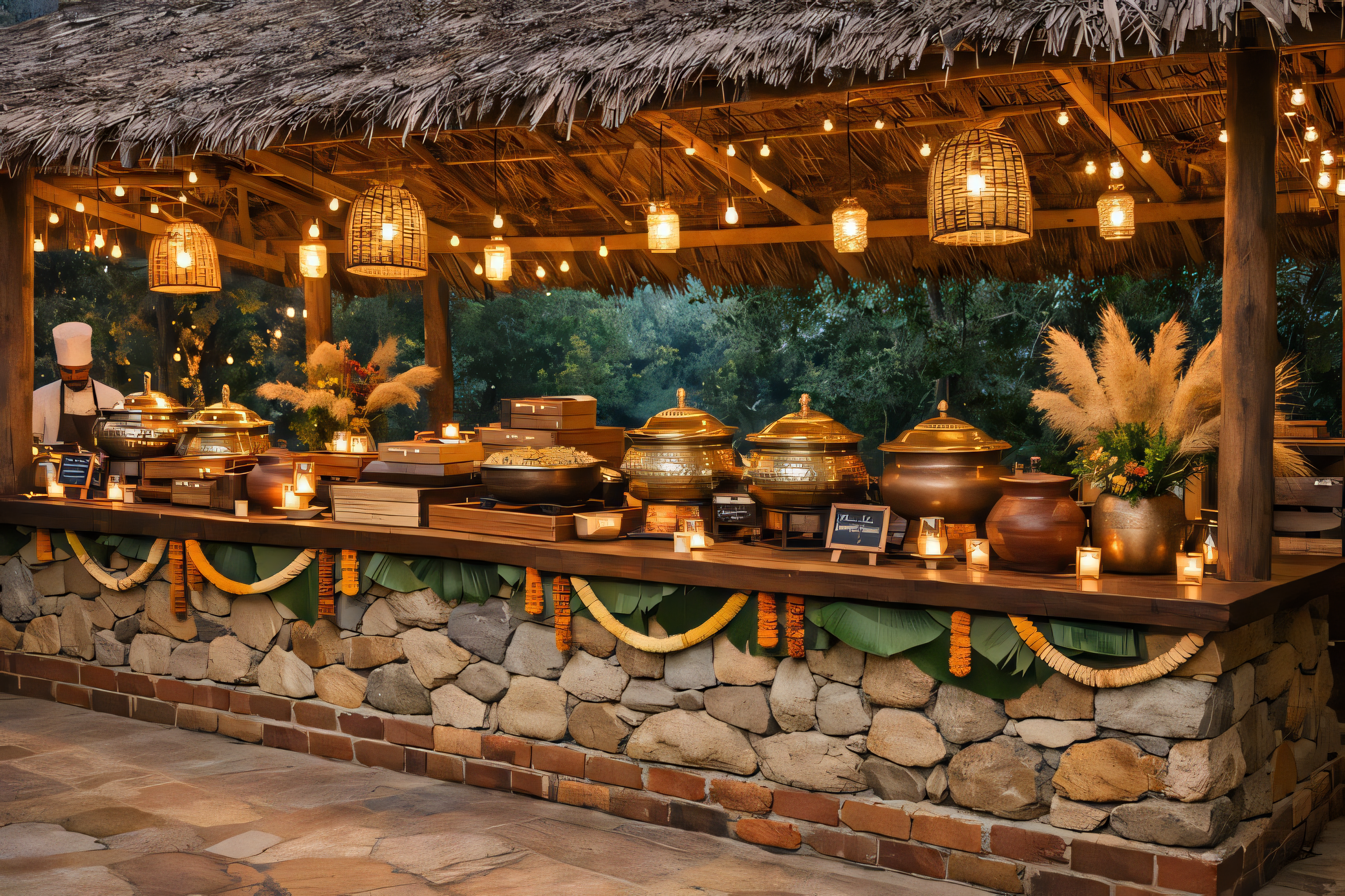 An elegant stone buffet counter at a Priyaanshii Tasteworks celebration